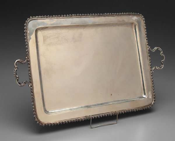 Mexican sterling tray,: rounded rectangle, scroll handles, acanthus border, marks for Margot Van Voorhies Carr, Taxco, Mexico, no monogram, mid 20th century, 96.18 oz.T., 28-1/2 x 17-1/2 in. Good condition, light scratches. 