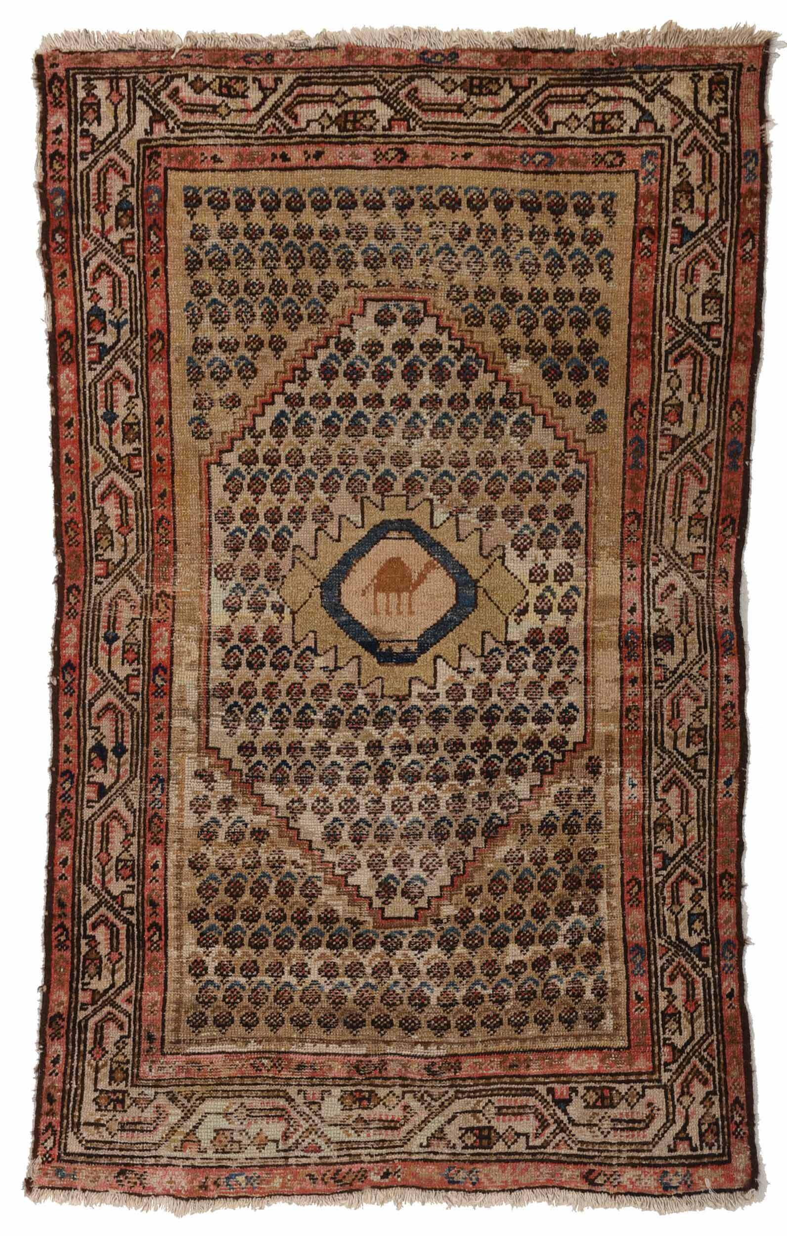 Turkish Rug: early to mid 20th century, ivory field with central medallion depicting a camel, stepped spandrels, boteh design all throughout, white and salmon colored borders, 3 ft. 5 in. x 5 ft. 5 in. Provenance: