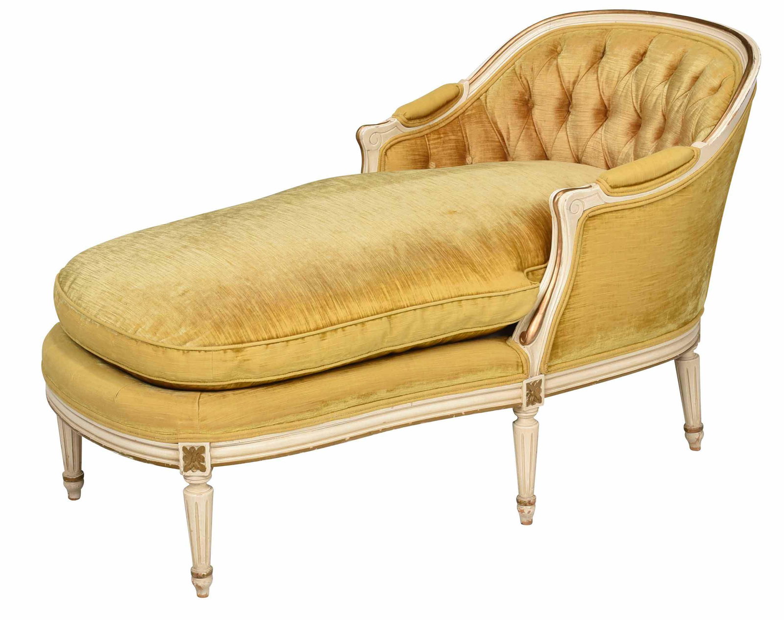 Louis XVI Style Painted Tufted Chaise: 20th century, carved white painted frame with gold highlights, set with gold upholstery with tufted back and deep loose down cushion, 30-1/2 x 28 x 52 in. Provenance: Private Collection, Palm Beach