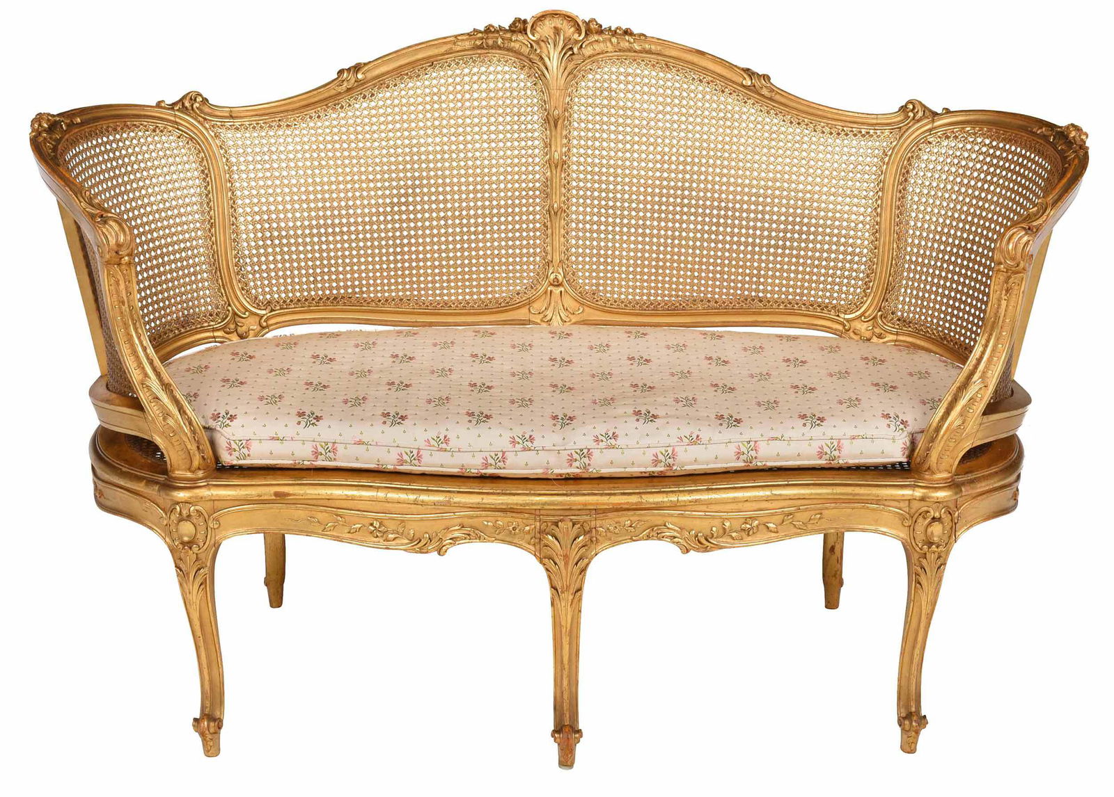 Louis XV Style Carved, Gilt, and Caned Settee (1 of 7)