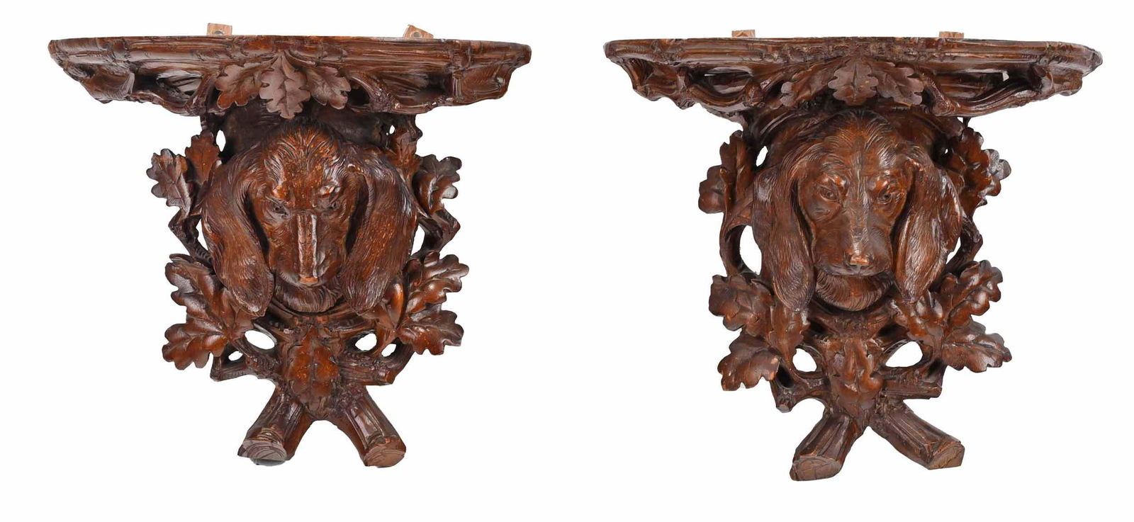Pair Black Forest Carved Dachshund Wall Brackets (1 of 5)