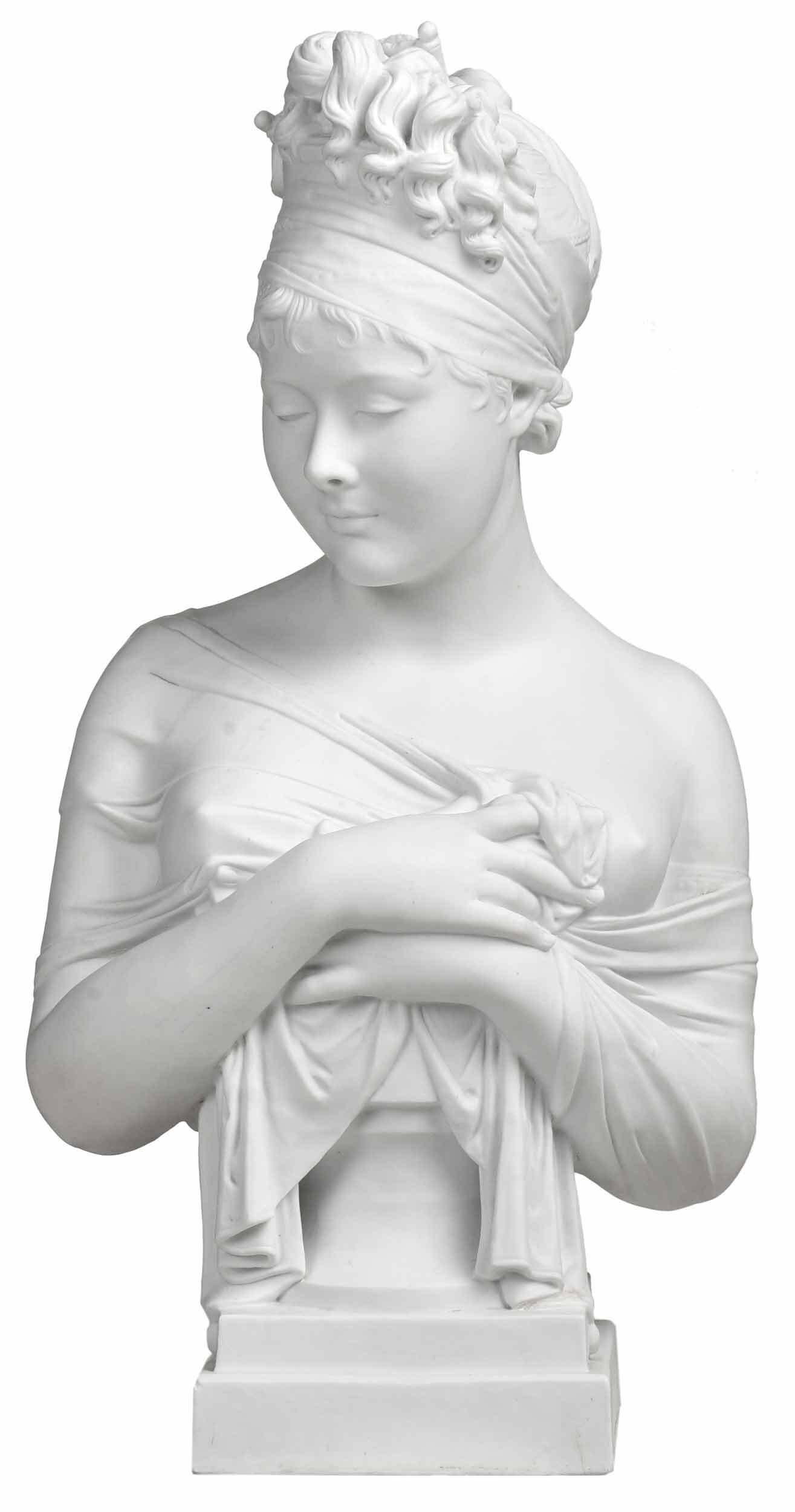 After Joseph Chinard: (French, 1756-1813)Bust of Juliette Récamier, 19th/20th century Parian ware casting after the model by Chinard, unidentified incised mark to base, on stepped square plinth, 22 x 6-1/4 x 6-1/4 in. at 