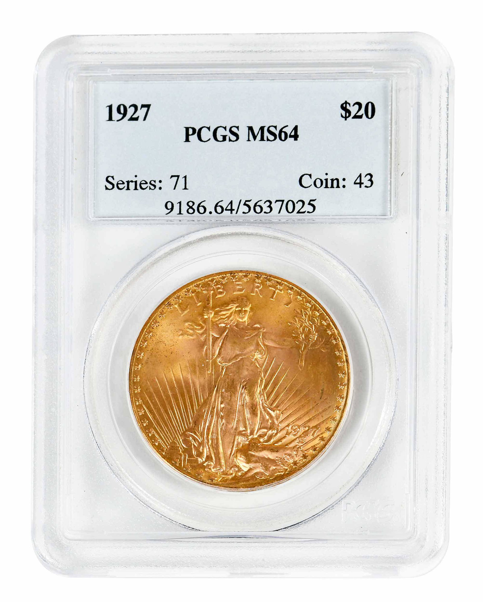 1927 St. Gaudens $20 Gold Coin: .900 fineness Note: Our consignor is breaking up an almost complete set of uncirculated St. Gaudens Double Eagles. Each coin has been graded by PCGS. Please see the other lots in this sale for additio