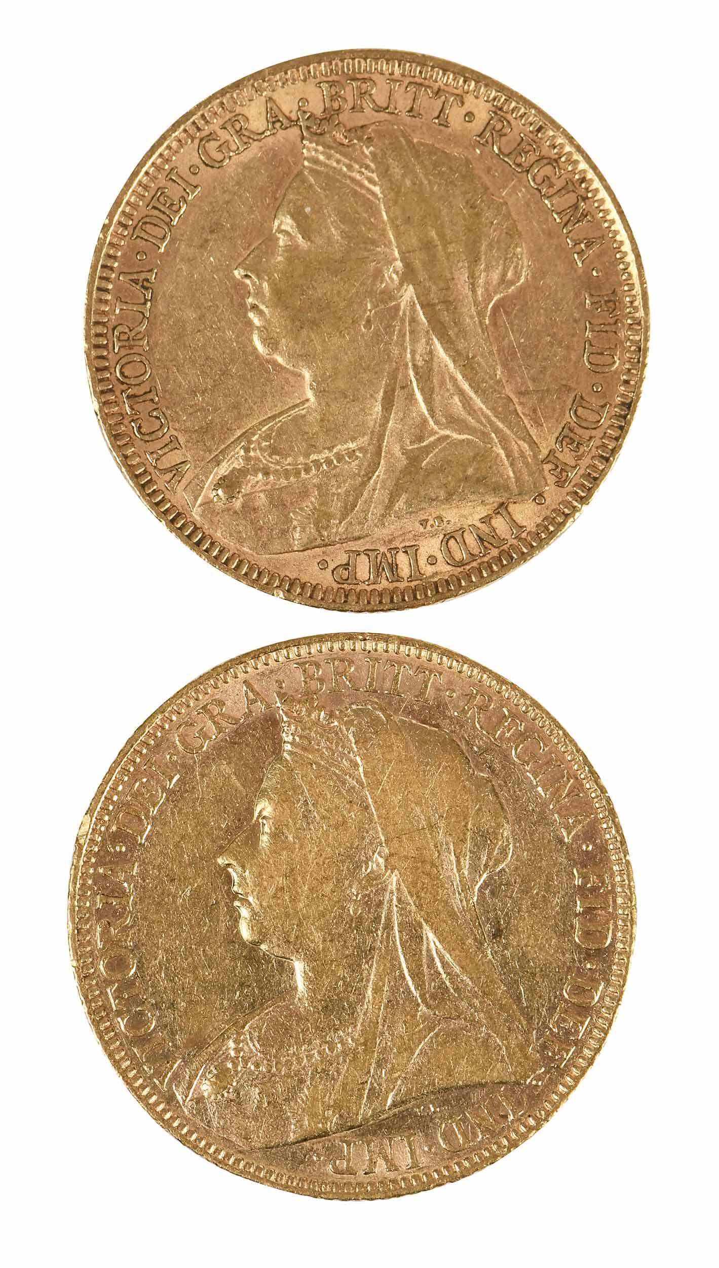Two Old Head Victoria Gold Sovereigns: 1893; 1896