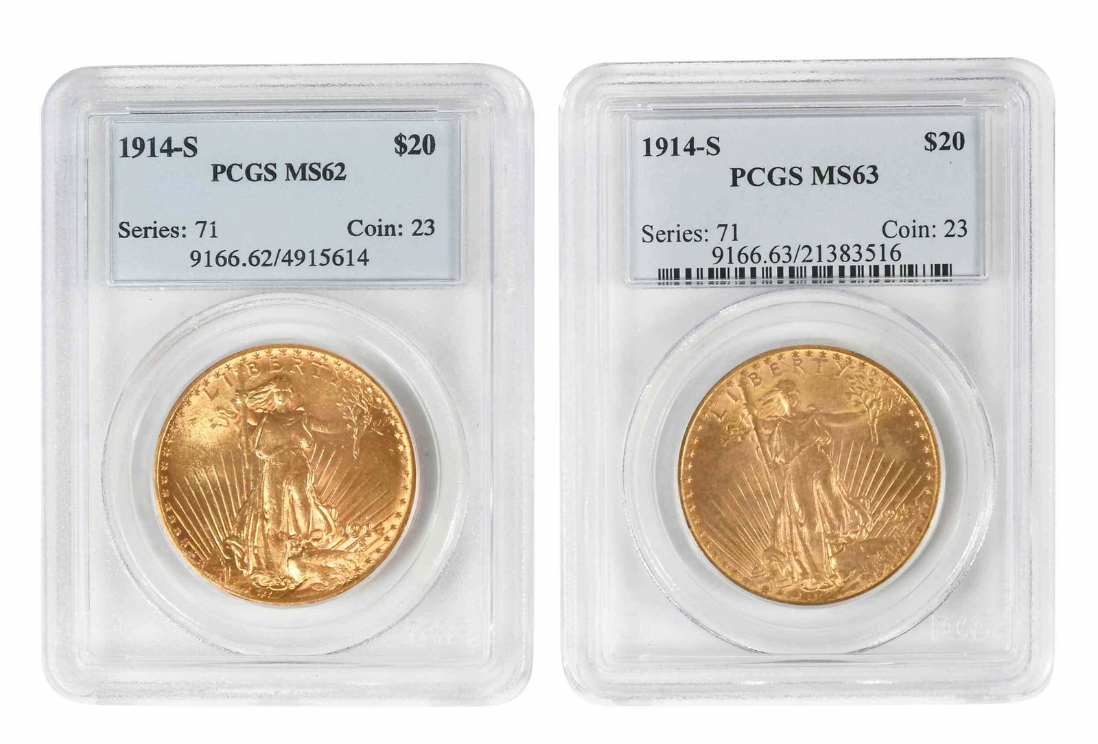 Two 1914-S St. Gaudens $20 Gold Coins (1 of 4)