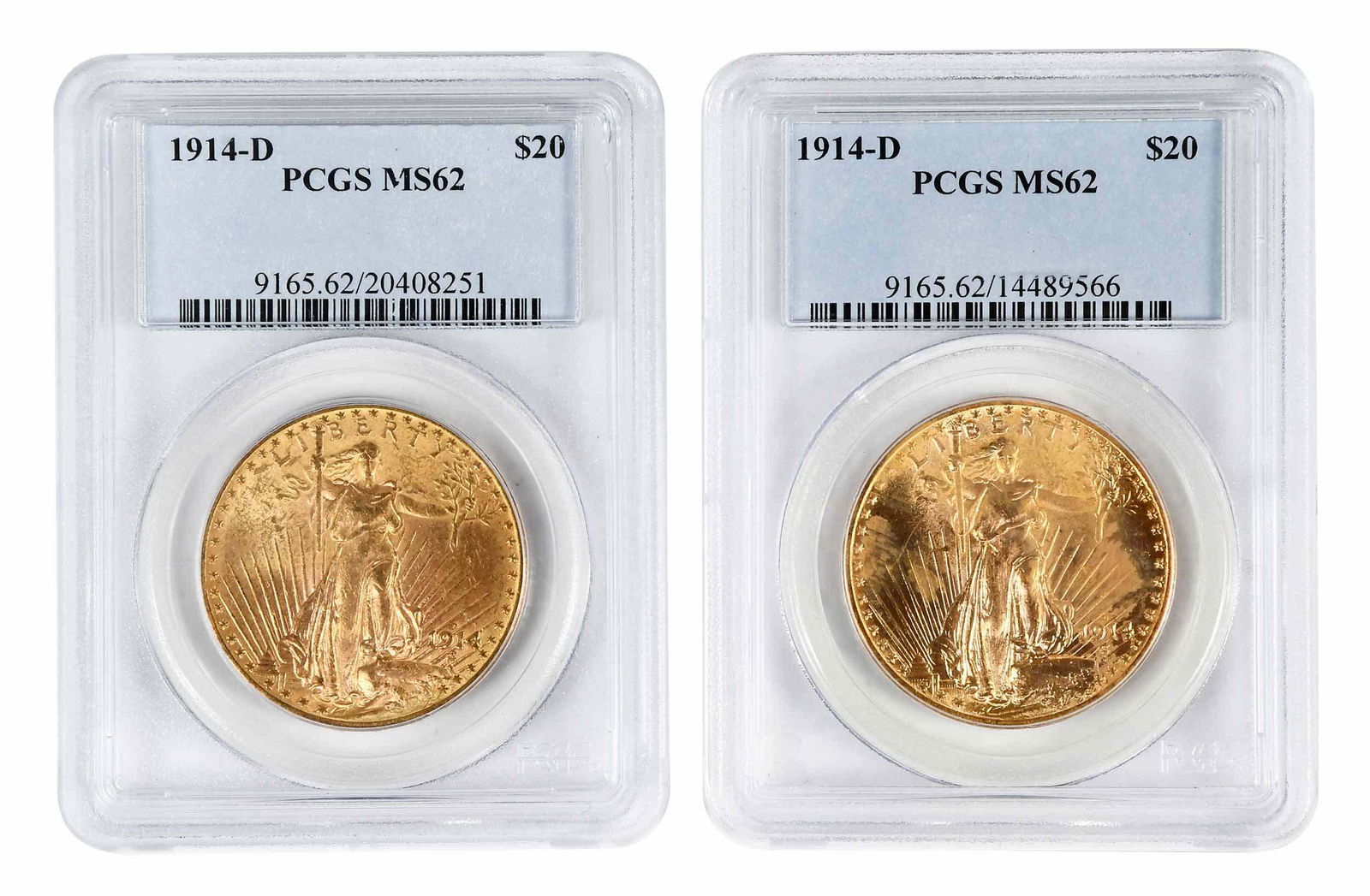 Two 1914-D St. Gaudens $20 Gold Coins (1 of 4)