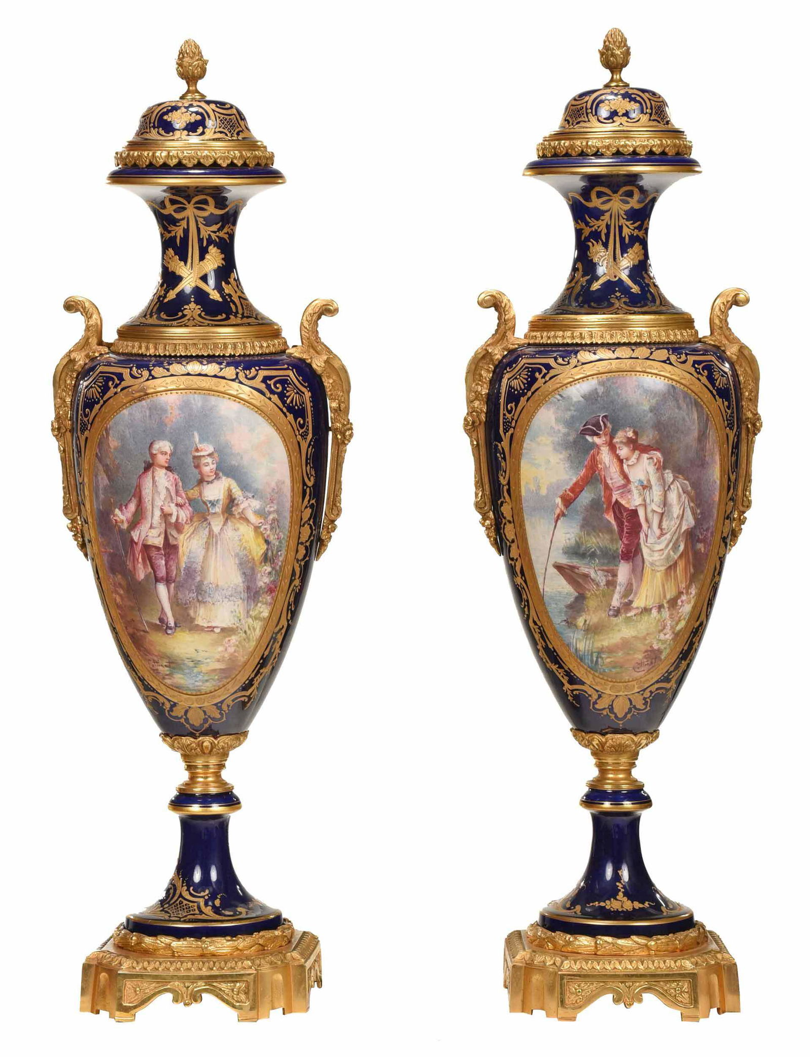 Pair of Sevres Bronze Mounted Porcelain Urns (1 of 16)