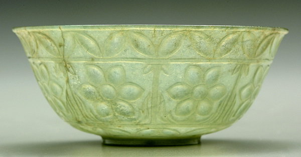 Carved pale green hardstone bowl,