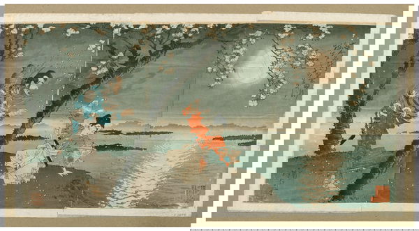 Woodblock triptych by Yoshitoshi Taiso: (Japanese, 1839-1892), Famous Places in the East: The ancient incident of Umewaka and the slave dealer beside the Sumida River, pest damage, creases, tears, abraded areas, each panel 14-1/2 x 9-1/2, o
