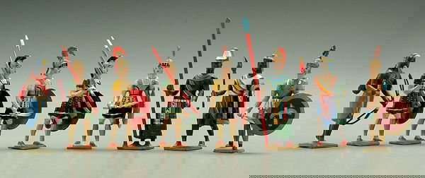 CBG lead soldiers: five Roman soldiers, CBG France; three Egyptian soldiers, Made in France, minor paint loss, 2-1/2 to 3, (eight pieces)