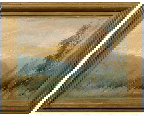 Painting attributed to Lobos,: landscape indistinctly signed lower right "A Lobos 55", attributed to Alberto Lobos (American, 20th century), oil on canvas laid on card, light grime, draw crackle at signature some loss of paint on s