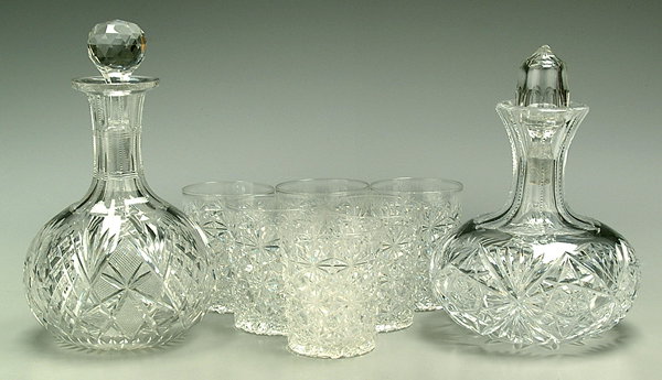 Cut glass decanters, tumblers