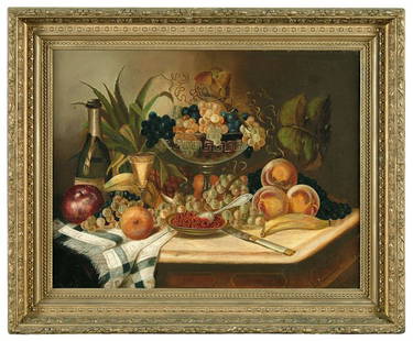 Still life, manner of W.M. Harnett: Still life, manner of W.M. Harnett (William Michael Harnett, Pennsylvania, 1851-1892), elaborate still life with fruit, wine, bowl of raspberries with silver spoon on tabletop, oil on canvas, laid