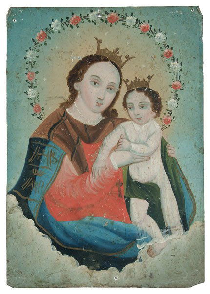 Spanish Colonial retablo,: Spanish Colonial retablo, Madonna and child Jesus wreathed with flowers, oil on tin, grime, abrasions, flaking, bent corners, holes, corrosion, 14 x 10"