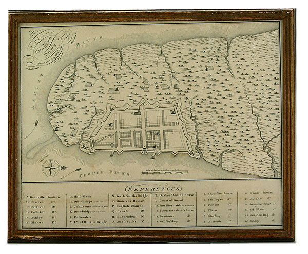 19th century map of Charleston,: 19th century map of Charleston, "A Plan of Charles Town," based on 1704 survey by Edward Crisp showing "first rice patch in Carolina," Lt. Col. Rhett's Bridge, Walker Evans & Company, Charleston, Sout