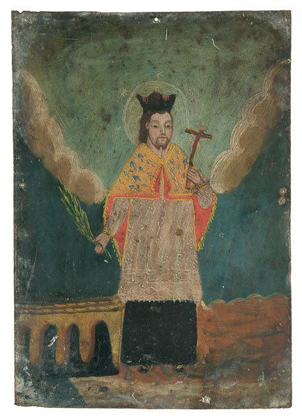 Spanish Colonial retablo,: Spanish Colonial retablo, saint in landscape holding a cross and a branch, oil on tin, grime, abrasions, corrosion, holes and flaking, 13-7/8 x 10"