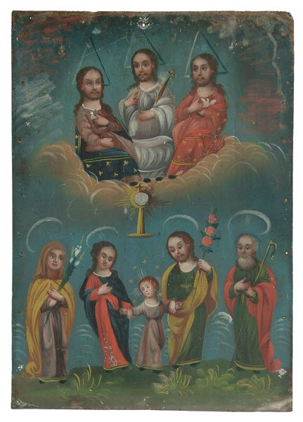 Spanish Colonial retablo,: Spanish Colonial retablo, Holy Trinity with triangles over their heads, attended by two saints, oil on tin, bent corners, grime, holes at edges, accretion, abrasions, minor flaking, 14-1/8 x 10"