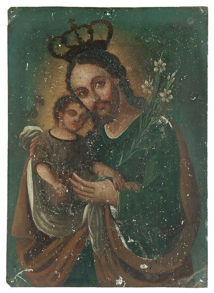 Spanish Colonial retablo,: Spanish Colonial retablo, Christ holding a child, oil on tin, grime, flaking, corrosion, holes, bent corners, 14 x 10"