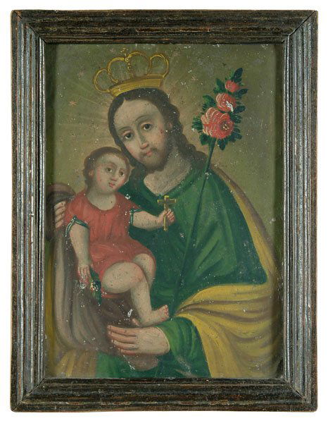 Spanish Colonial retablo,: Spanish Colonial retablo, Christ holding a child in red dress, oil on tin, grime, abrasions, flaking, corrosion, bent areas, 13-7/8 x 10", wood frame