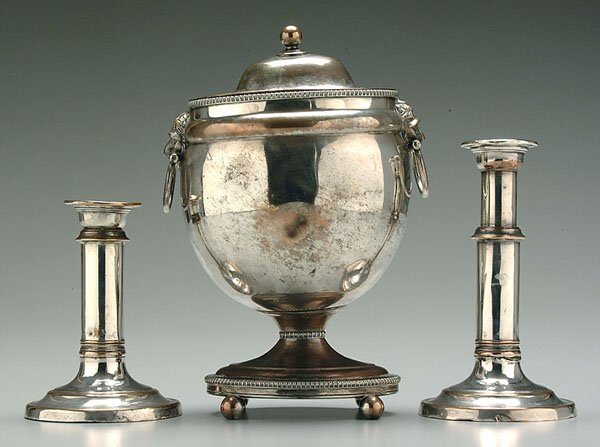 Old Sheffield plate urn, candlesticks