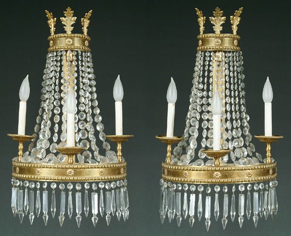 Pair brass and glass wall sconces,