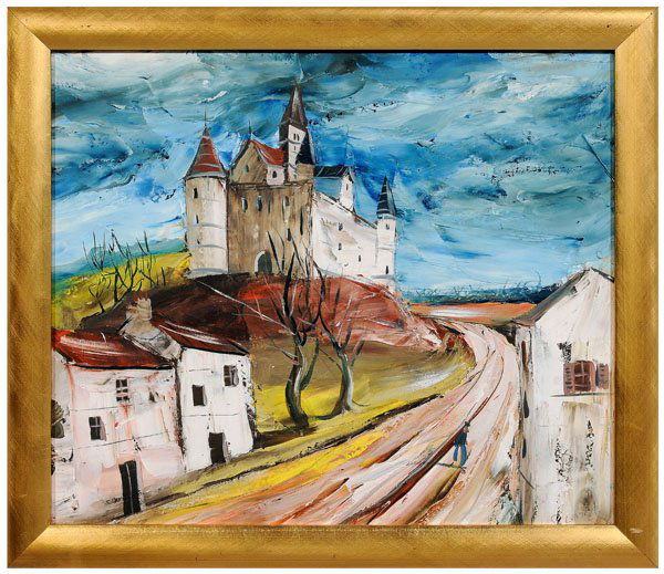 Charles Levier painting: (New York, 1920-2004), landscape with village and a castle on a hill, signed lower right in pen "C. Levier" (probably added later), gouache on fiberboard, 20-1/2 x 24 in.; gilt wood frame. Laid on foa