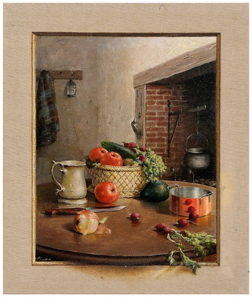 August Albo painting: (Estonia/New York, 1893-1963), [trompe l'oeil] still life on table in kitchen interior, signed lower left "Albo", oil on canvas, unframed, 26 x 22 in. Light grime.