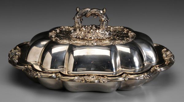 English silver-plate entrée server,: scalloped rectangular form, shell, floral and scroll decoration, marks for George Walker and Henry Hall, Sheffield, England, no monogram, late 19th century, 5-3/4 x 13-1/4 x 10-1/4 in. Replated, loss