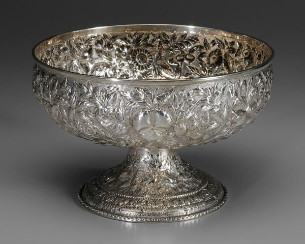 Kirk coin silver repousse footed bowl,: floral repousse decoration, foot with acanthus leaf border, marks for S. Kirk & Son (Baltimore, Maryland, 1880-1890), no monogram, 18.53 oz.T., 5-1/2 x 8-1/2 in. Small dents, light interior scratches,