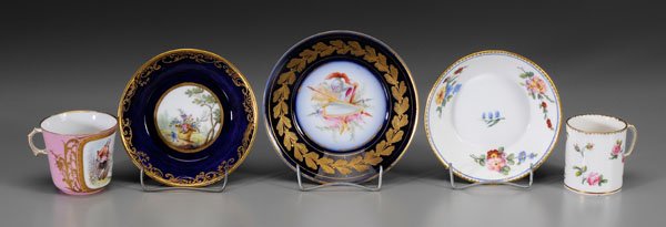 Five pieces Sevres porcelain:: shallow bowl, hand-painted basket of flowers, cobalt and gilt borders, blue Sevres mark under glaze, 5 in., [ good condition;] shallow bowl, hand-painted trophies of war with helmets, flags, shields a