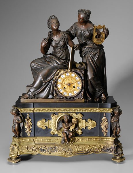 Bronze Louis XV style shelf clock,: pediment with two bronze classical figures, one seated on clock case with enameled numerals, base with angel playing harp, one figure holding a tablet, corner mounts with [putti,] elaborate base with 