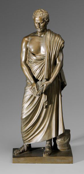 Classical bronze sculpture,: the philosopher Socrates, after the antique, unsigned, patinated bronze, 20th century, 24 x 9-1/8 x 7 in. Previously wired as a lamp with holes in base and back, light abrasions. Provenance: Private C