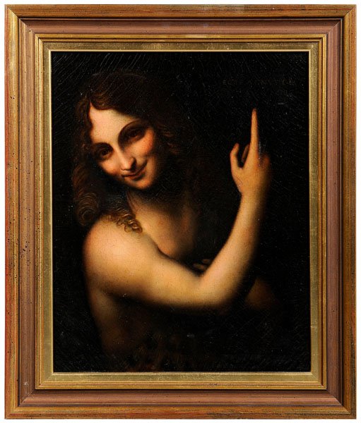 Painting after Leonardo da Vinci: (Italian, 1452-1519), [Ecce Agnus Dei] (Behold the Lamb of God), circa 1840, depicting a young, smiling John the Baptist pointing heavenward towards inscription [Ecce Agnus Dei,] oil on canvas, 18-1/.