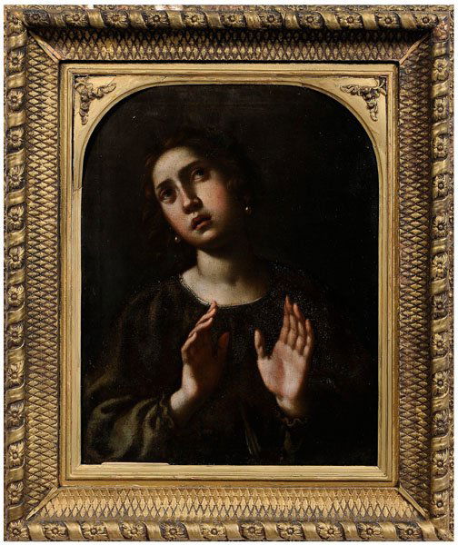 Italian Old Master painting,: penitent Magdalene with pearl earrings, unsigned, oil on canvas, 17th century, 25-1/4 x 20 in.; 19th century gilt wood and composition frame. Lined, retouch within draw in garment, upper left at neck
