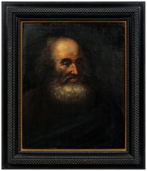 18th century portrait,: older bearded gentleman, unsigned, oil on canvas, Dutch School, 26-1/8 x 21-5/8 in.; German or Dutch lacquered ripple-molding frame. Retouch throughout background, wrap and in proper left eye, craquel