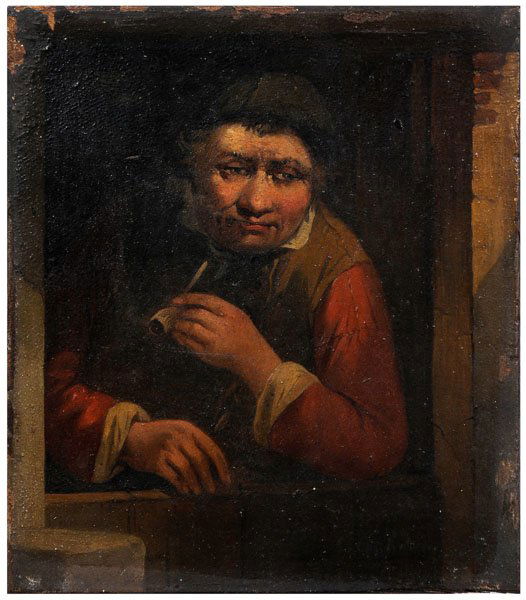 Dutch School painting,: gentleman with pipe and leaning out a window, unsigned, oil on panel, 19th century, unframed, 5-7/8 x 5-1/8 in. Craquelure, small "bumps" in paint surface, yellowed varnish, grime, flaking and abrasio