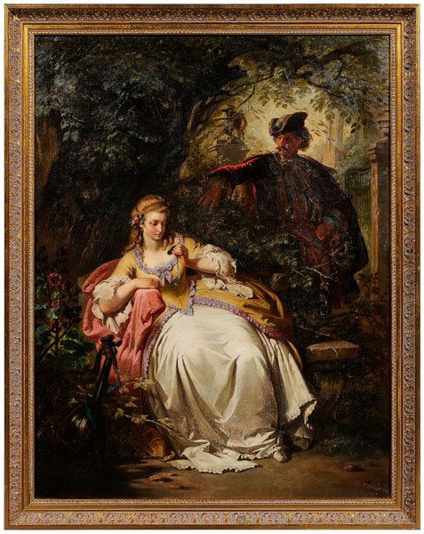 19th century British School painting,: seated woman in a garden looking at a portrait miniature with gentleman looking on behind bushes, unsigned, oil on canvas, late 19th/early 20th century, 27-5/8 x 21-1/4 in.; modern gilt wood frame. Or