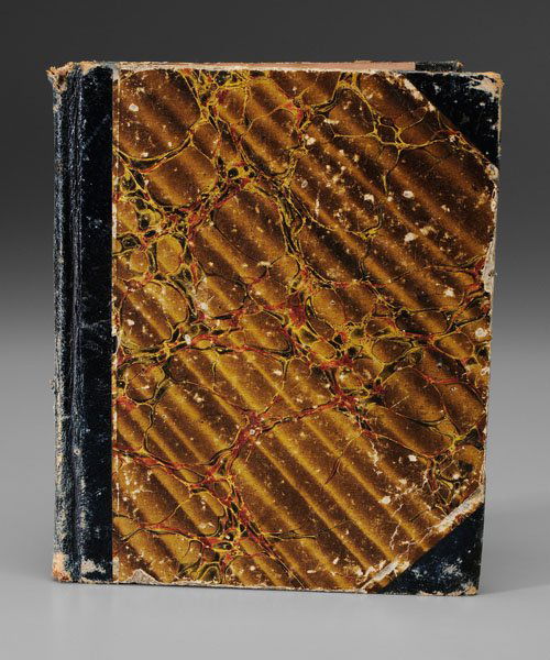 Book of watercolors, Napoleonic Wars: cardboard covers covered in marbleized paper with leather spine and corner covers, 66 pages, scenes of skirmishes and fights between English and French, mentions battles of Vimiero, Talavera, and Sala