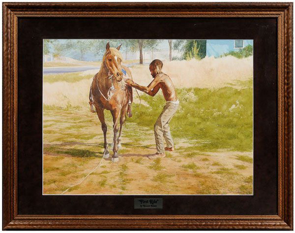 William Nelson watercolor,: young black boy putting bridle on pony, titled in artist's plate "First Ride", signed lower right "William Nelson", inscribed on right side "Sept 73", watercolor on paper, 19-3/8 x 26-3/8 in. (sight);