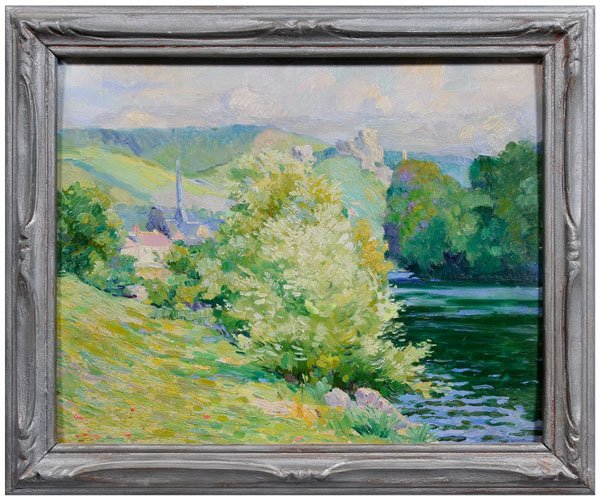Abel George Warshawsky painting: (American/French, 1883-1962), impressionistic landscape of lakeside village surrounded by hills, incised upper right in paint "A.G. Warshawsky", oil on panel,12-5/8 x 16-1/8 in.; period carved wood fr