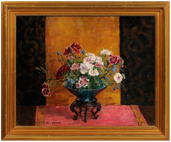 Louise Cox painting: (Louise Howland King Cox, American, 1865-1945), still life with dianthus in an Asian bowl, signed lower right "Louise Cox A.N.A", oil on canvas, 18-1/2 x 23-5/8 in.; 20th century gilt wood frame. Reto