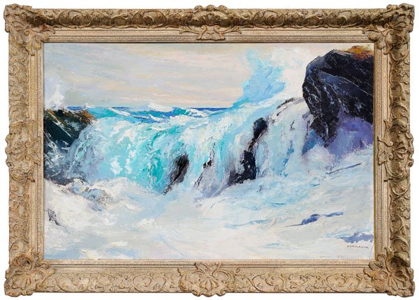 William Matthews Hekking painting: (American, 1885-1970), "January at Lobster Cove, Monhegan Is.", labels verso titling the painting "Xmas Cove - Monhegan", signed lower right "Wm. M. Hekking", oil on Masonite, 24 x 35-3/4 in.; painted