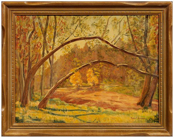 Painting attributed to Robert Spencer: (Pennsylvania, 1879-1931), woodland landscape, signed lower right "Robert Spencer", inscribed verso "#115 Spencer…", oil on canvas board, 18-1/8 x 23-3/4 in.; carved painted wood frame. Yellowed var