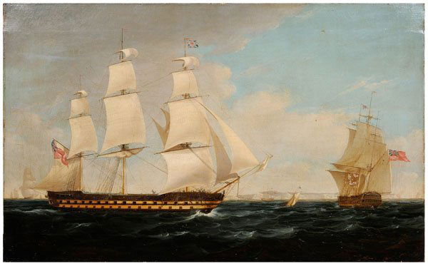 Painting, follower of Thomas Whitcombe: (British, 1763-1824), a frigate in two positions off Dover, unsigned, oil on canvas, unframed, 27 x 44 in. Lined, 3/4 in. tear at left with related retouch, retouch in hull of ship at right and in sai