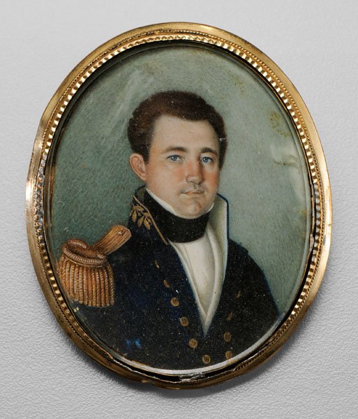 American miniature portrait,: Lt. Spencer Clack Gist (1805-1847), circa 1840, unsigned, watercolor on ivory, 2-1/2 x 2 in.; gold-plated brass locket style frame. Water damage at right edge, not examined out of case; frame with dam