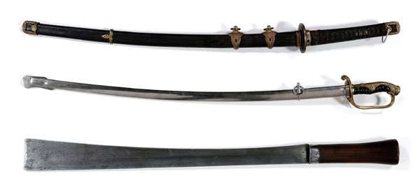 Two Japanese naval swords:: [kai gunto,] ray skin scabbard and hilt, tang with four characters, 24-3/4 in. blade, 11/16 in. curvature, 38-1/4 in. total length, [tang with dented and scratched area at peg hole, [habaki] frozen on