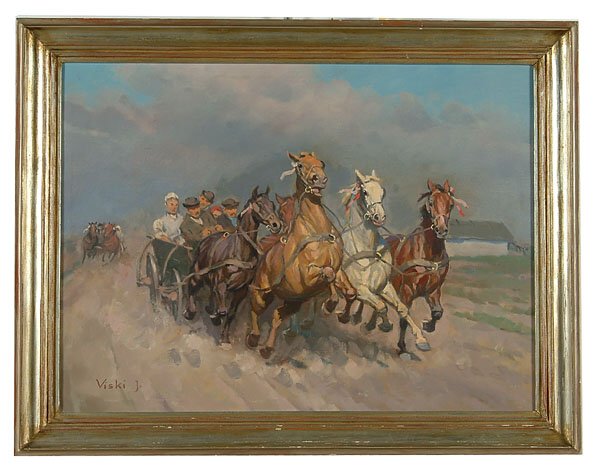 Racing scene, Janos Viski: Racing scene, Janos Viski (Hungarian, born 1891), horse-drawn wagons with horses galloping at full speed, signed lower left "Viski J.," oil on canvas, 23-3/4 x 31-5/8", gilt wood frame with flakes and