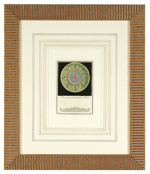 Eight architectural prints,: Eight architectural prints, hand-colored and gilt engravings from "Manuale di Vari Ornamenti Tratti dalle Fabbriche, e Frammenti Antichi," after Carlo Antonini, Italian, taped at four points, scattere