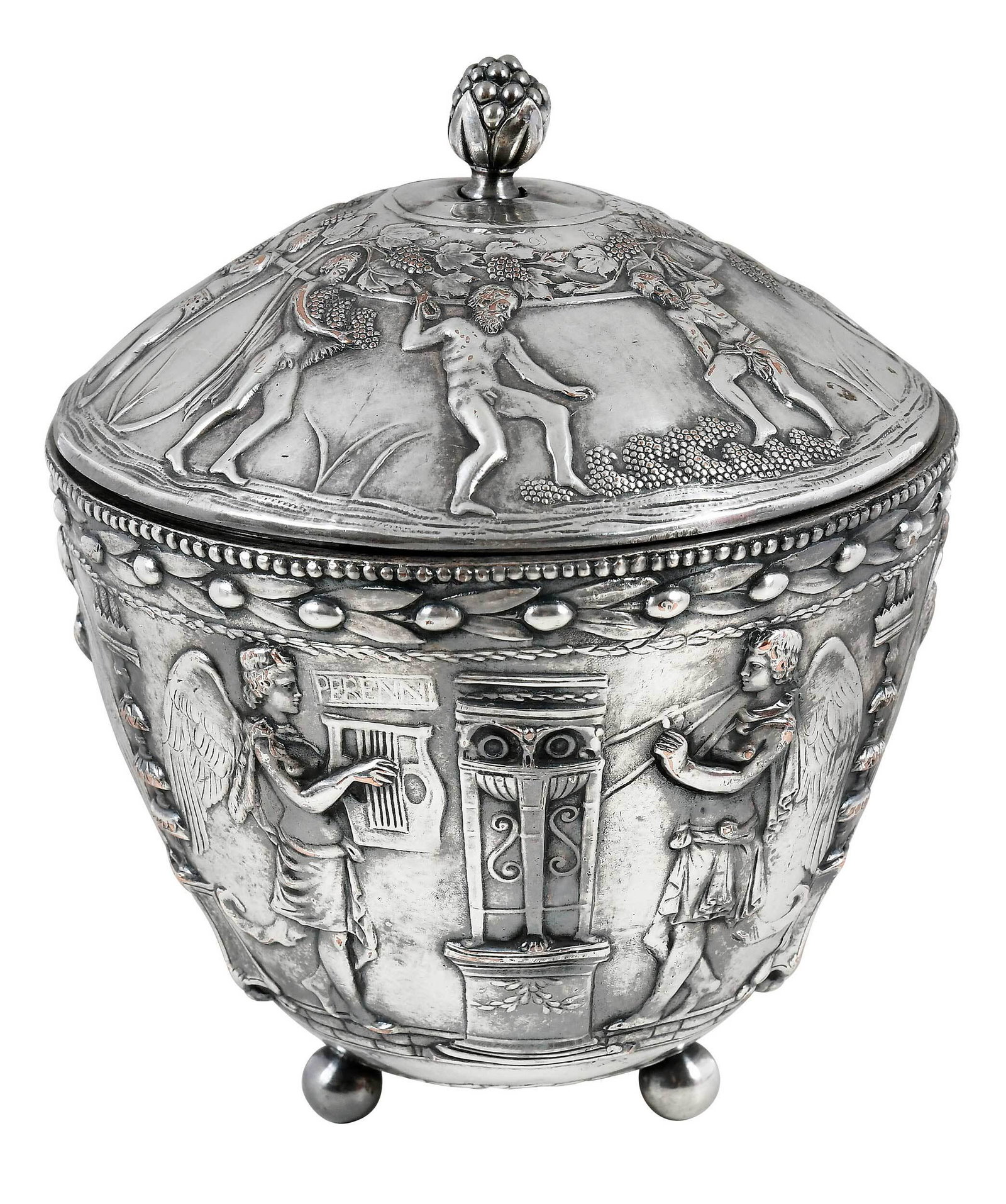 E. F. Caldwell Silver Plate Neoclassical Lidded Bowl: New York, late 19th century, tapering sides with Neoclassical scenes, bud finial and ball feet, base marked "E. F. Caldwell & Co., New York" (Edward F. Caldwell, 1851-1914), 7-1/4 in.ÿ, Provenance: P