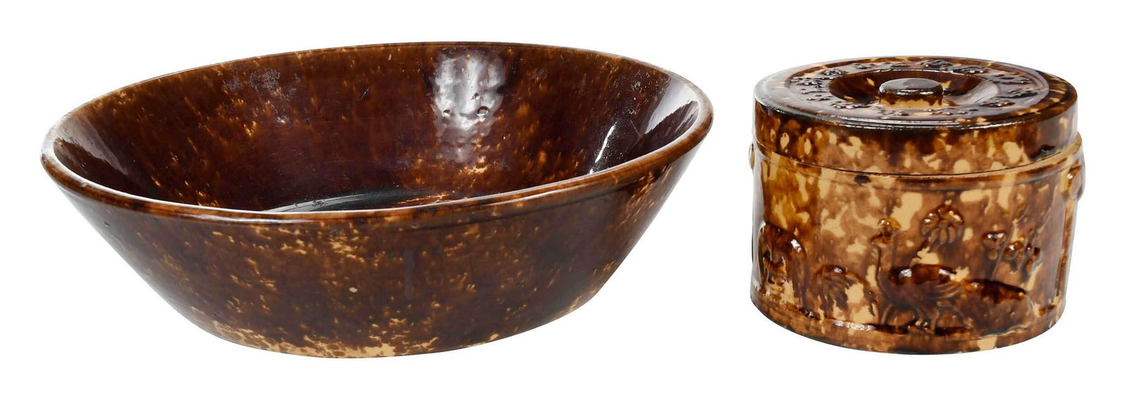 Two Rockingham Glazed Yellowware Objects: 19th century, cylindrical lidded container, depicting a band of peacocks, unmarked, 4 x 6 in.; milk bowl with flaring sides, unmarked, 4 x 13 in. , Provenance: Private Georgia Collection